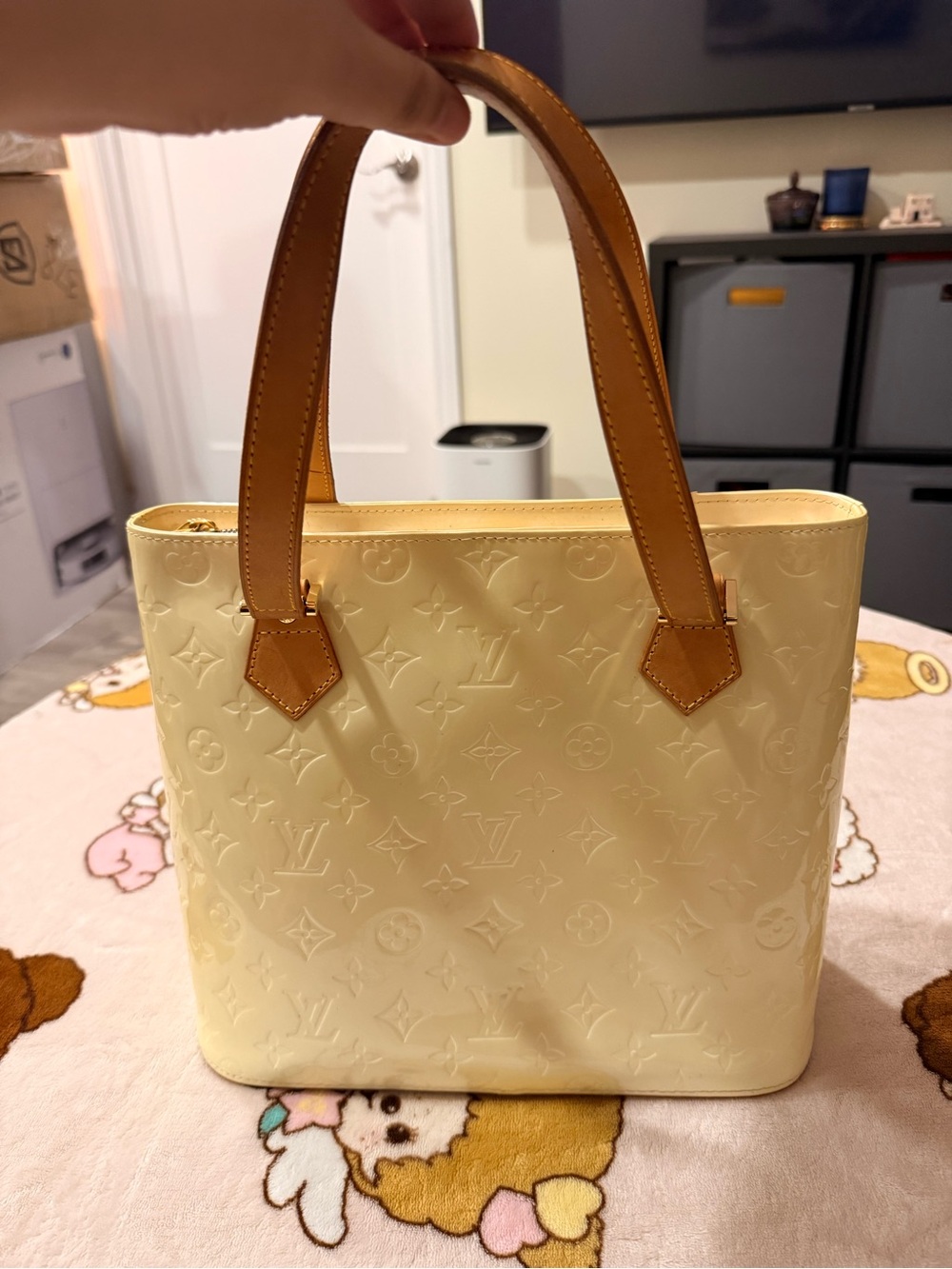 Louis Vuitton Cream Vernis Monogram Tote with Tan Leather Handles